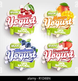 Mango, cherry, strawberry and blueberry Yogurt label with splash, Fresh and Natural,for your brand,logo and template,label,emblem for groceries, stores and packaging, advertising.Vector illustration. Stock Vector