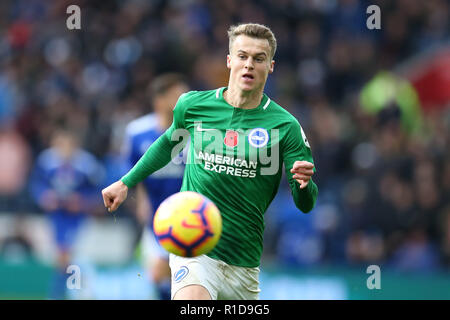 Cardiff, Wales, UK. 10th Nov 2018. Solly March of Brighton & Hove Albion in action.Premier League match, Cardiff City v Brighton & Hove Albion at the Cardiff City Stadium on Saturday 10th November 2018.  this image may only be used for Editorial purposes. Editorial use only, license required for commercial use. No use in betting, games or a single club/league/player publications. pic by  Andrew Orchard/Andrew Orchard sports photography/Alamy Live news Stock Photo