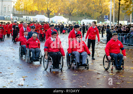 London, UK. 11th November 2018. Military veterans participate in Remembrance Day parade commemorating the 100th anniversary of the end of the First World War. Stock Photo