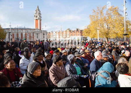 London UK 11th November 2018.  People at the Remembrance Armistice Day Parade at the African Caribbean War Memorial in Windrush Square, Brixton. Credit: Thabo Jaiyesimi/Alamy Live News Stock Photo