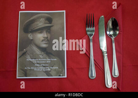 London UK 11th November 2018. A picture of Walter Tull the first black British officer and first Black professional footballer at a Caribbean war veteran reception to mark Armistice Day in Lambeth Town Hall, Brixton. Credit: Thabo Jaiyesimi/Alamy Live News Stock Photo