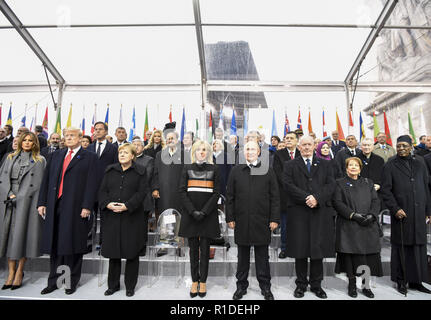 Paris, France. 11th Nov, 2018. Russian President Vladimir Putin (4th R, Front), German Chancellor Angela Merkel (3rd L, Front) and U.S. President Donald Trump (2nd L, Front) attend a ceremony to mark the centenary of the Armistice of the First World War in Paris, France, Nov. 11, 2018. Credit: Chen Yichen/Xinhua/Alamy Live News Stock Photo