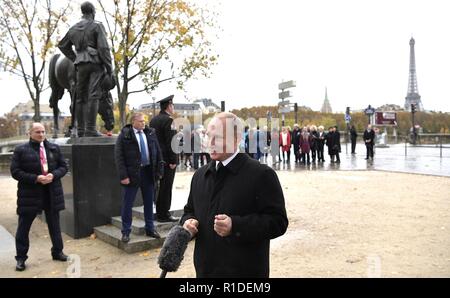 Russian President Vladimir Putin speaks with Russia Today television following the Centennial commemoration of Armistice Day marking the end of World War I November 11, 2018 in Paris, France. Stock Photo