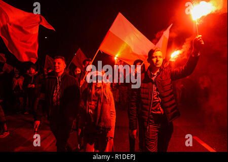 Warsaw, Poland. 11th Nov, 2018. A man seen holding a flare during the official march organized by the Polish government.Days before the Independence Day, the mayor of Warsaw, Hanna Gronkiewicza banned the March of Independence Day, organized by extreme right wing associations. On the same day, the Polish government announced a state march, that would departure from the same place as the banned Independence Day march.On November 09th The Polish government and the organizers of the march of nationalists agreed to hold a joint march on Poland's Independence Day on Sunday. (Credit Image: © Stock Photo
