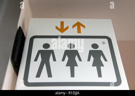 Berlin, Germany. 08th Nov, 2018. A pictogram on the elevator for men, women and other people marked with * in the Immanuel Seniorenzentrum Schöneberg. On 14 November, it will be the first home in Germany to receive a quality seal for so-called LSBTI*-sensitive care. (to ''Diversity as a place to live' - Schöneberger Heim nurtures 'Residents*innen'' from 12.11.2018) Credit: Paul Zinken/dpa/Alamy Live News Stock Photo