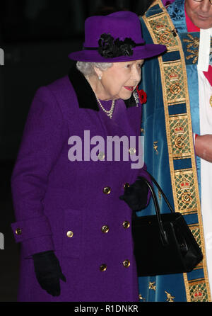 Queen Elizabeth II arrives at Westminster Abbey, London, to attend a National Service to mark the centenary of the Armistice. Stock Photo