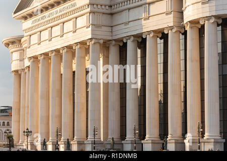 The Museum of Archaeology across River Vardar at sunset, Skopje, Skopje Region, Republic of North Macedonia Stock Photo