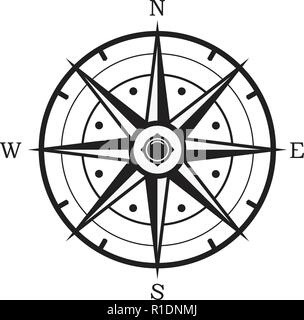 vector black and white compass isolated on white background. maritime map icon. north, south, east and west wind-rose arrow directions. adventure symb Stock Vector