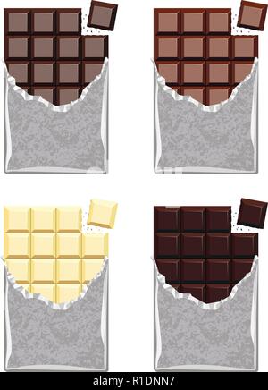 vector collection of opened dark chocolate, milk chocolate and white chocolate bars with a piece of chocolate bar in foil wrapper Stock Vector