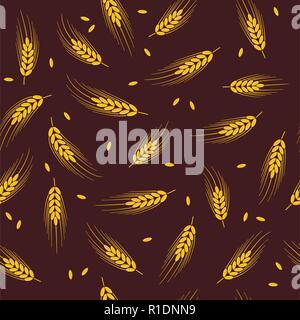 vector seamless wheat, barley or rye background pattern, abstract agricultural yellow and brown ornament with crop harvest ears and wheat, barley or r Stock Vector