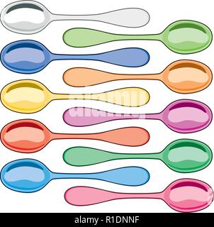 vector colorful set of metal and plastic dining spoons isolated on white background. dinner spoon symbol Stock Vector