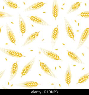 vector seamless wheat, barley or rye background pattern, abstract agricultural yellow ornament on white background with crop harvest ears and wheat, b Stock Vector
