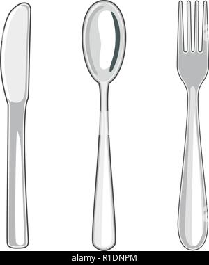 vector metal knife, spoon and fork isolated on white background. collection of dining utensil symbols Stock Vector
