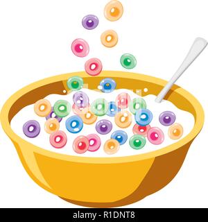 vector yellow bowl with cereals in milk isolated on white background. breakfast illustration of falling colorful fruit cereal loops. healthy food for  Stock Vector