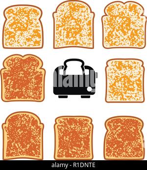 vector toasted bread slices and toaster isolated on white background. crispy breakfast toasts of white bread, delicious food symbols. black and white  Stock Vector