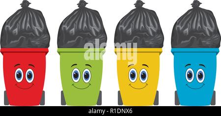 vector flat recycling wheelie bins full of rubbish, recycling and garden waste, with garbage bags on top, isolated on white background. colorful icons Stock Vector