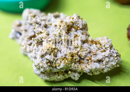 Rare Pyrite crystals on Calcite mineral close up macro Stock Photo