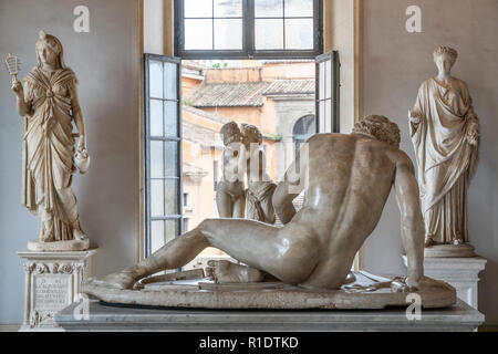 The Hall of the Galatian with the sculpture of the Dying Galatian, a room  in the Palazzo Nuovo, part of the Capitoline Museums,   Rome, Italy. Stock Photo