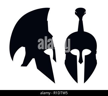 Black silhouette. Bronze greek helmet. Spartan ancient armor. Red hair helmet. Flat vector illustration isolated on white background. Stock Vector