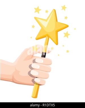 Yellow star shaped magic wand with shiny sparkles. Hand hold magic wand. Flat vector illustration isolated on white background. Stock Vector