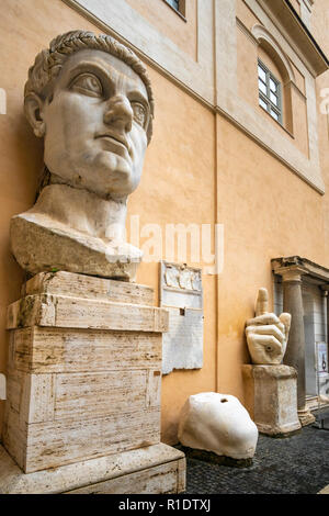 Head and hand of statue of Emperor Constantine II at courtyard of ...