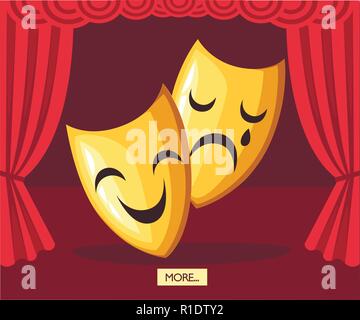 Comedy and tragedy theatrical masks. Golden theater masks. Greek culture. Flat vector illustration on stage background. Stock Vector