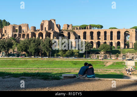 Looking across to The ruins of Domus Augustana, part of the Palace of Domitian, on the Palatine hill; seen from Circo Massimo. Central Rome, Lazio, It Stock Photo