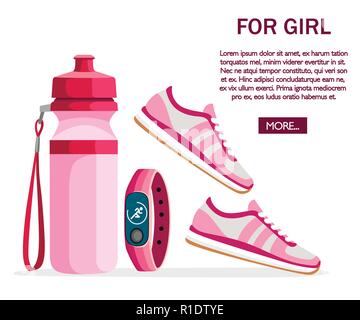 Set of sports accessories and clothes. Women outfits. Orange and pink color collection. Icons for classes in the gym. Vector illustration isolated on  Stock Vector