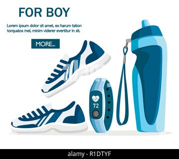 Set of sports accessories and clothes. Blue color collection. Icons for classes in the gym. Vector illustration on white background. Place for text. Stock Vector