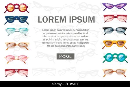 Summer sunglasses collection. Colorful plastic glasses. Flat vector illustration on white background. Place for text. Stock Vector