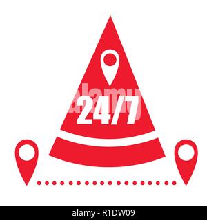 Abstract pizza delivery icon. 24 7 hours service. Flat red color icon. Vector illustration isolated on white background. Stock Vector