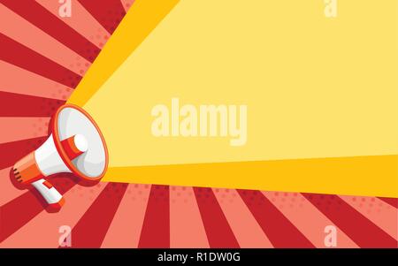 White orange megaphone. Flat style speaker. Vector illustration on color background. Stock Vector