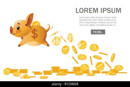 Golden flying piggy bank drop golden coins. Money rain. Saving money concept, bank economy. Flat vector illustration on white background. Website page Stock Vector