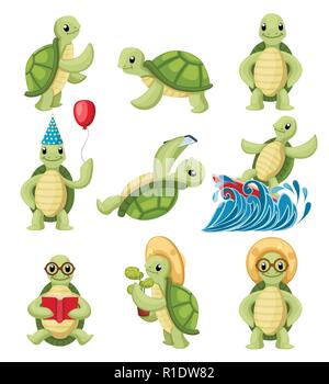 Collection of turtles cartoons characters. Little turtles do different things. Flat vector illustration isolated on white background. Stock Vector