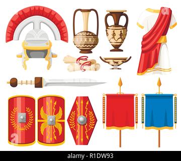 Collection of ancient Roman icons. Clothes, gladius, scutum, scrolls and ceramic tableware. Flat vector illustrator isolated on white background. Stock Vector