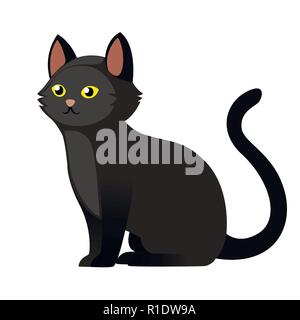 Sitting black cat with yellow eyes. Cute home animal. Cartoon character design. Flat vector illustration isolated on white background. Stock Vector