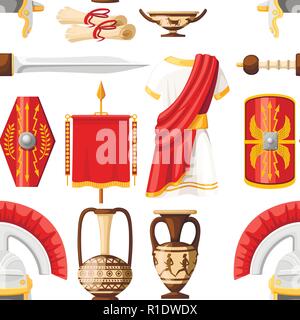 Seamless pattern. Collection of ancient Roman icons. Clothes, gladius, scutum, scrolls and ceramic tableware. Flat vector illustrator isolated on whit Stock Vector