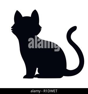 Black silhouette. Sitting black cat. Cute home animal. Cartoon character design. Flat vector illustration isolated on white background. Stock Vector