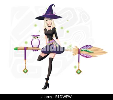 Cute blonde witch sit on flying broom. Purple owl on broomstick. Witch purple hat and clothes. Cartoon character design. Beautiful women. Flat vector  Stock Vector
