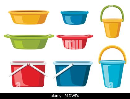 Collection of water containers. Water buckets and basins. plastic products mass market. Flat vector illustration isolated on white background. Stock Vector