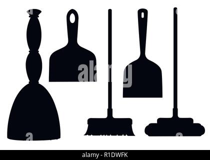 Black silhouette. Collection of household cleaning utensil. Broom, mop, scoop. Flat vector illustration isolated on white background. Stock Vector