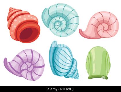 Colorful set of snails shells. Different shapes and colors. Archaeological finds. Flat vector illustration isolated on white background. Stock Vector