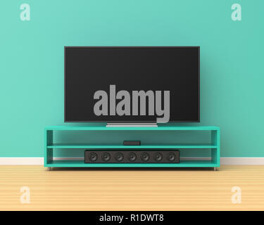 3d rendered widescreen television on a aqua stand with a sound bar below it in a room with aqua walls and a wooden floor. Stock Photo