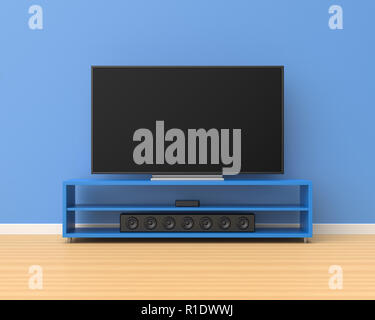 3d rendered widescreen television on a blue stand with a sound bar below it in a room with blue walls and a wooden floor. Stock Photo