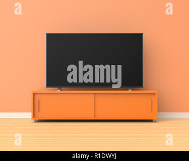 3d rendered widescreen television on a orange stand with sliding doors in a room with orange walls and a wooden floor. Stock Photo