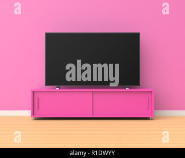 3d rendered widescreen television on a pink stand with sliding doors in a room with pink walls and a wooden floor. Stock Photo