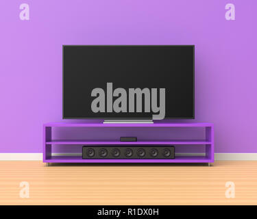 3d rendered widescreen television on a purple stand with a sound bar below it in a room with purple walls and a wooden floor. Stock Photo