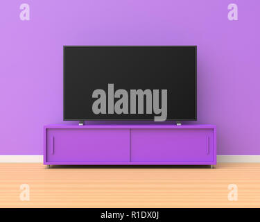 3d rendered widescreen television on a purple stand with sliding doors in a room with purple walls and a wooden floor. Stock Photo