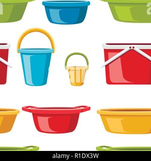 Seamless pattern. Collection of water containers. Water buckets and basins. plastic products mass market. Flat vector illustration on white background Stock Vector