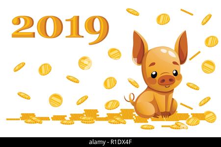 Cute piggy bank. Cartoon character design. Little pig sit with gold coin. Falling coins. Flat vector illustration on white background. 2019 year. Stock Vector